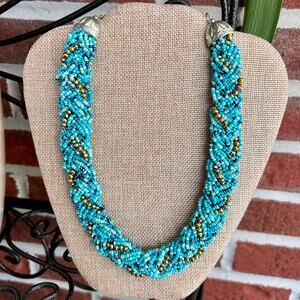 Vintage Turquoise and Gold Beaded Chocker Rope-Twist Beaded Necklace 19"